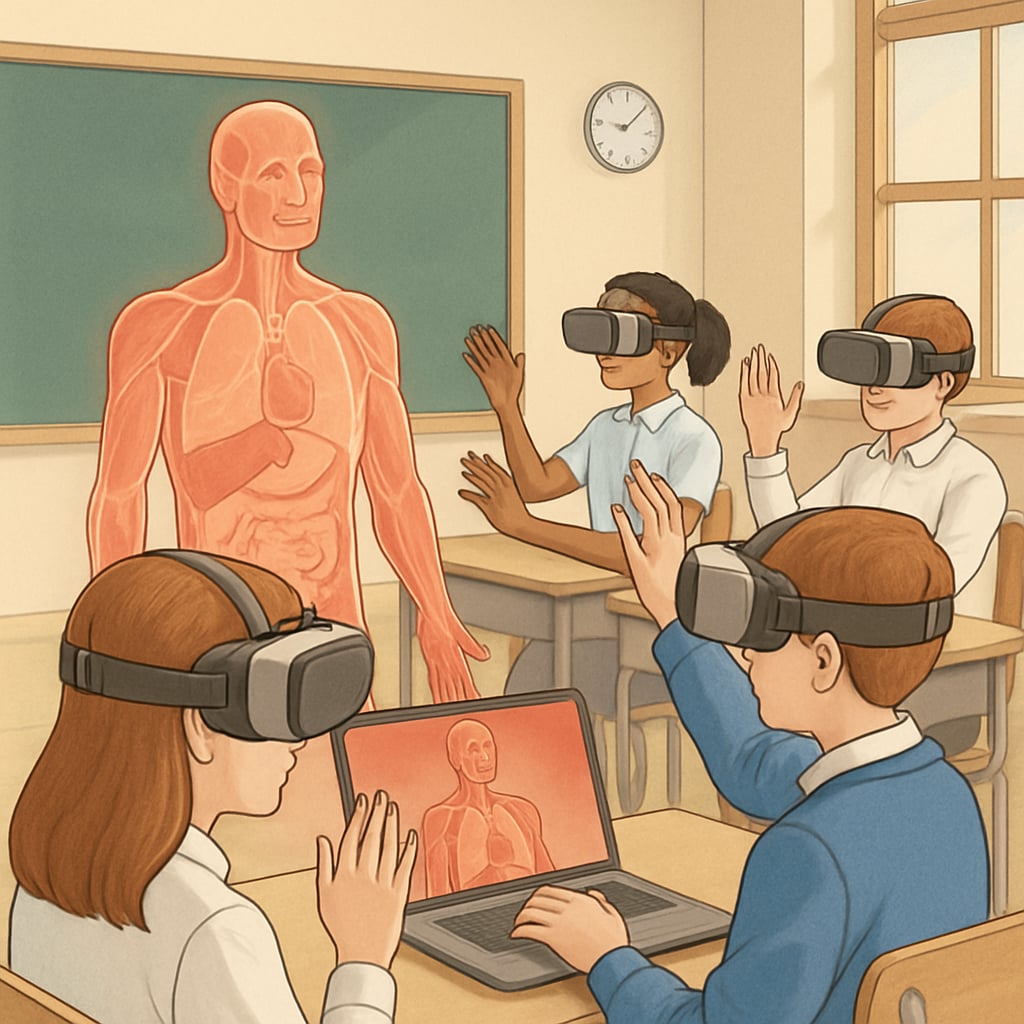 Students exploring medical simulations using virtual reality tools in a classroom.