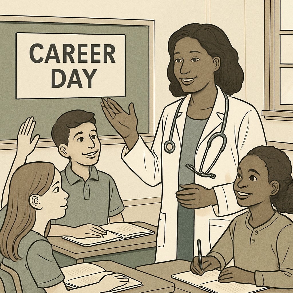 Students engaging with a doctor during a career day event at school, highlighting the importance of medical career exploration. Students interacting with a healthcare professional to learn about medical careers.