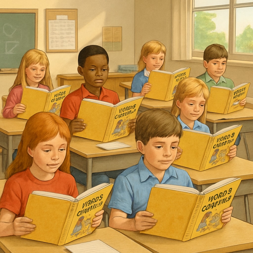Classroom scene from the 1980s with students using World of Language textbooks.