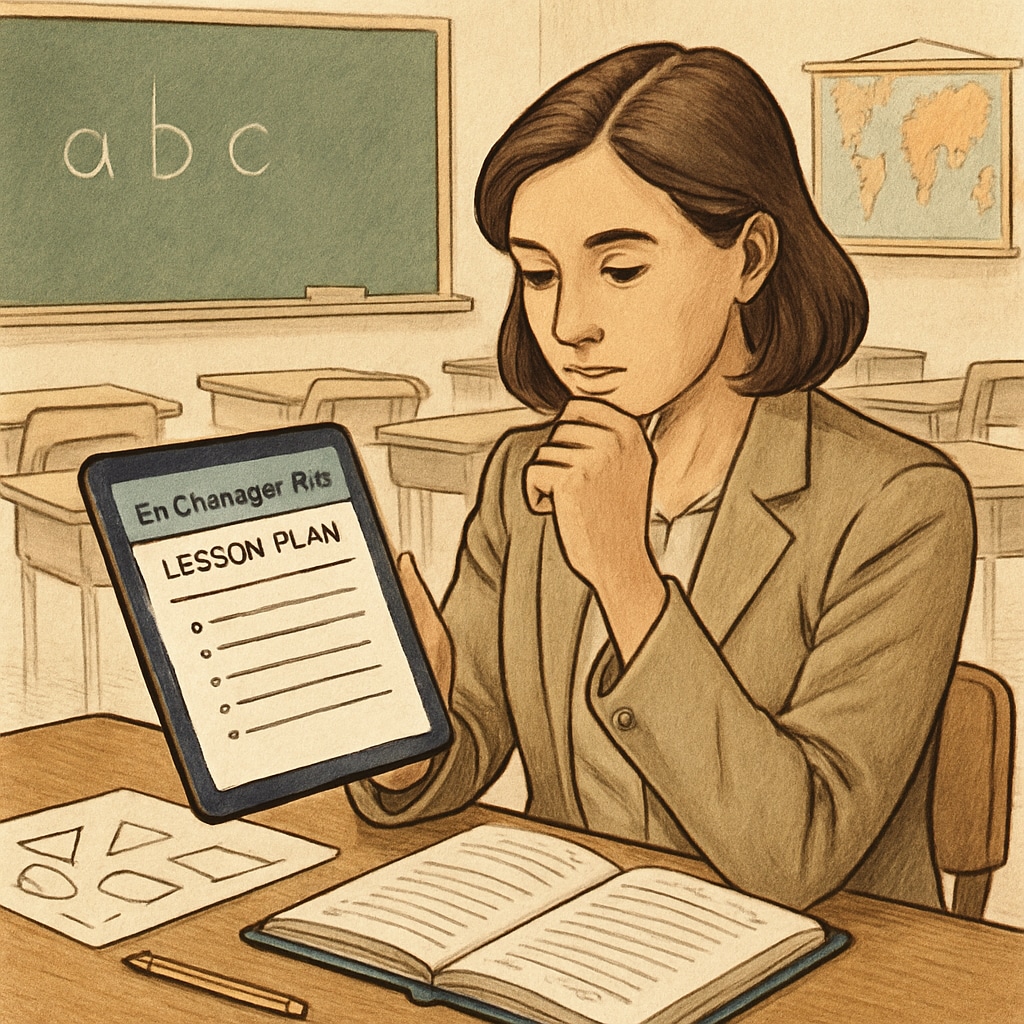 A teacher using EdChanger Pro on a tablet to create a lesson plan for her students. A teacher using EdChanger Pro for lesson planning.