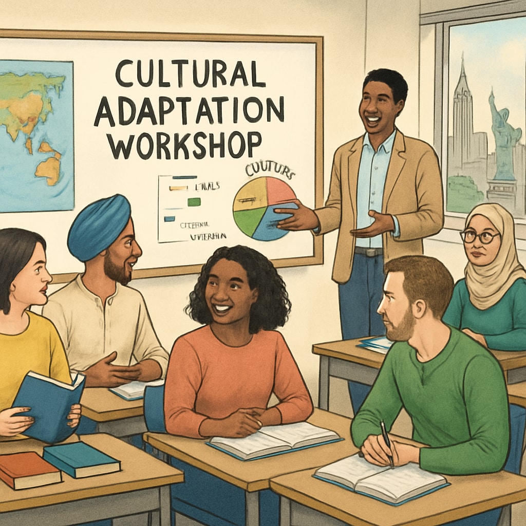 A classroom setting with adult international students participating in a cultural adaptation workshop in New York City. Adult international students in a New York classroom learning about cultural adaptation.