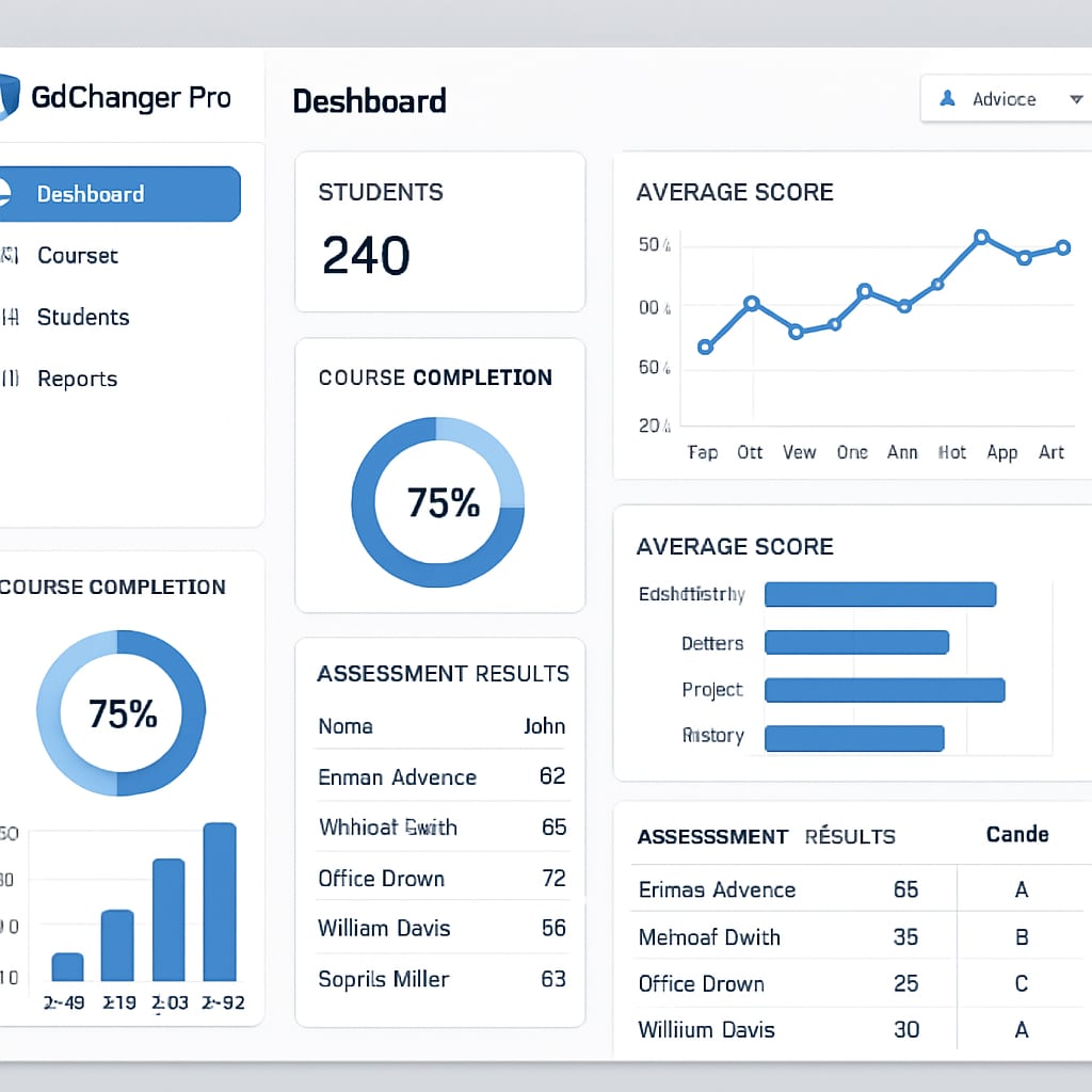 A dashboard on EdChanger Pro showcasing student performance analytics and assessment results. EdChanger Pro dashboard with student performance analytics.