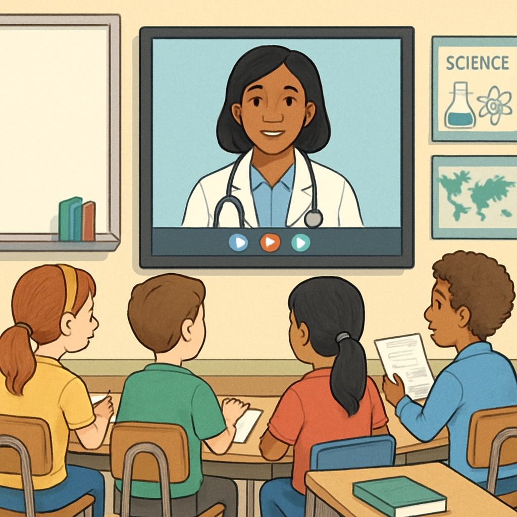 A classroom setting where students are conducting an interview with a doctor through video call, emphasizing real-world engagement. Students interviewing a doctor via video call as part of career planning projects.