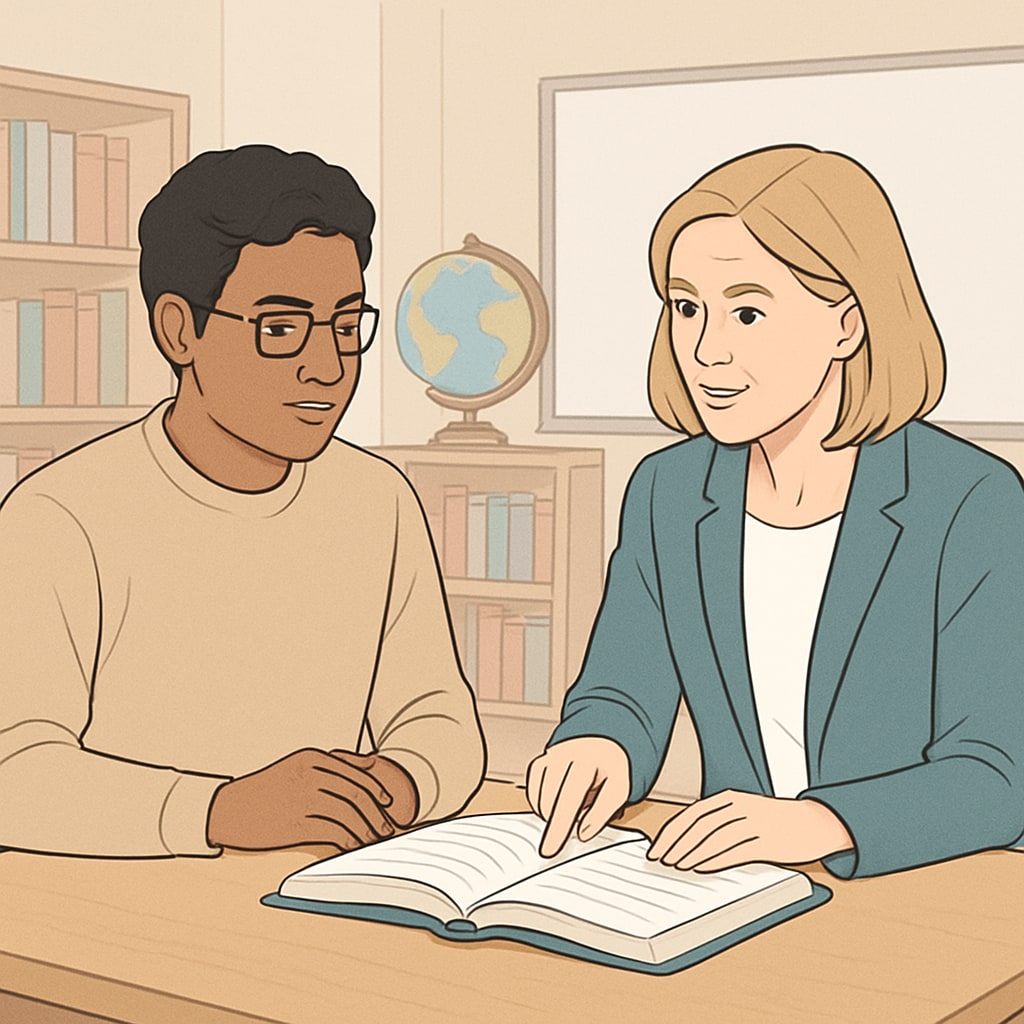 An international student receiving guidance from a cultural mentor in a university setting. A mentor helping an international student understand cultural norms in a university.