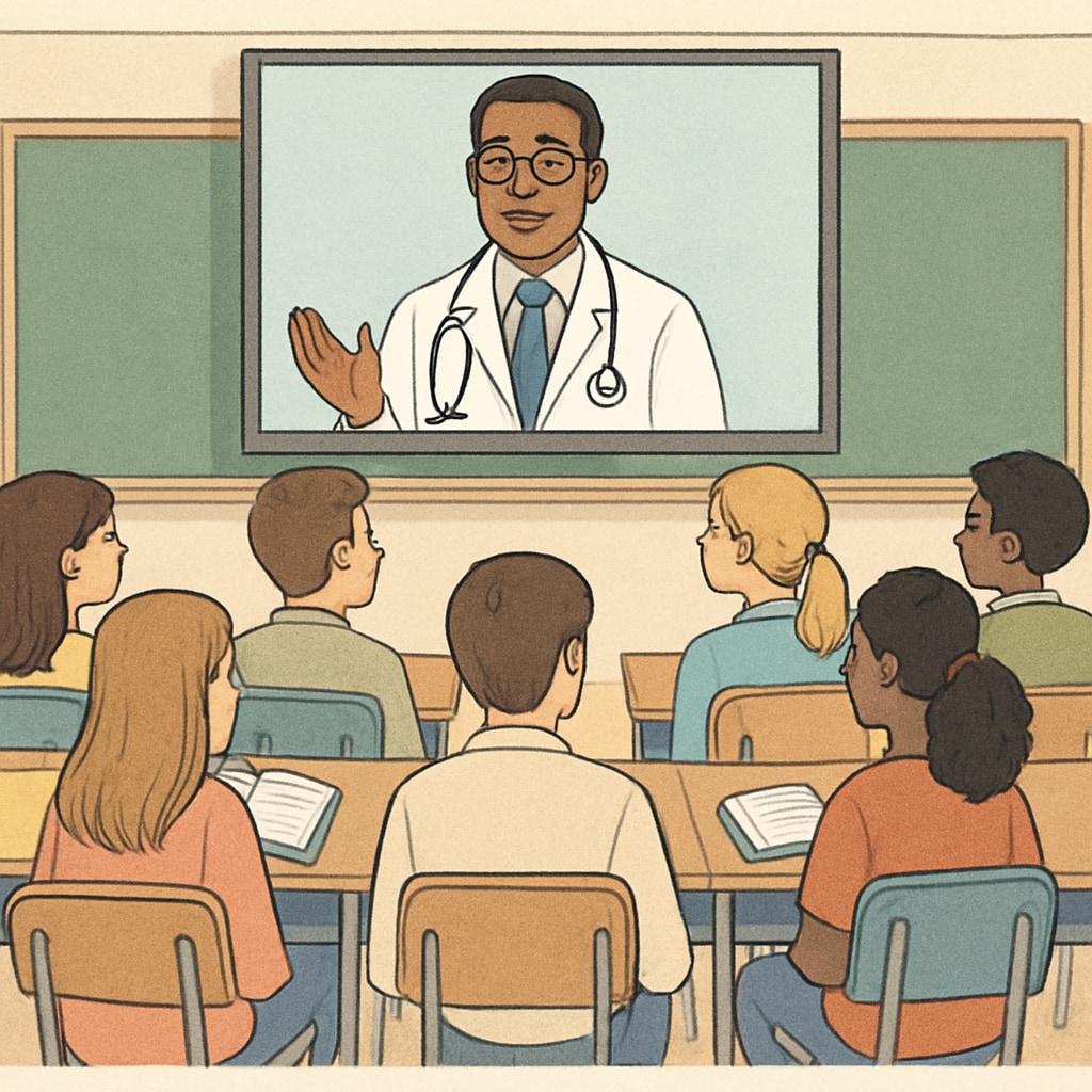 Students sitting in a classroom, listening attentively to a doctor giving a virtual guest lecture, highlighting the importance of interactive learning. Students listening to a virtual doctor guest lecture in a classroom setting.