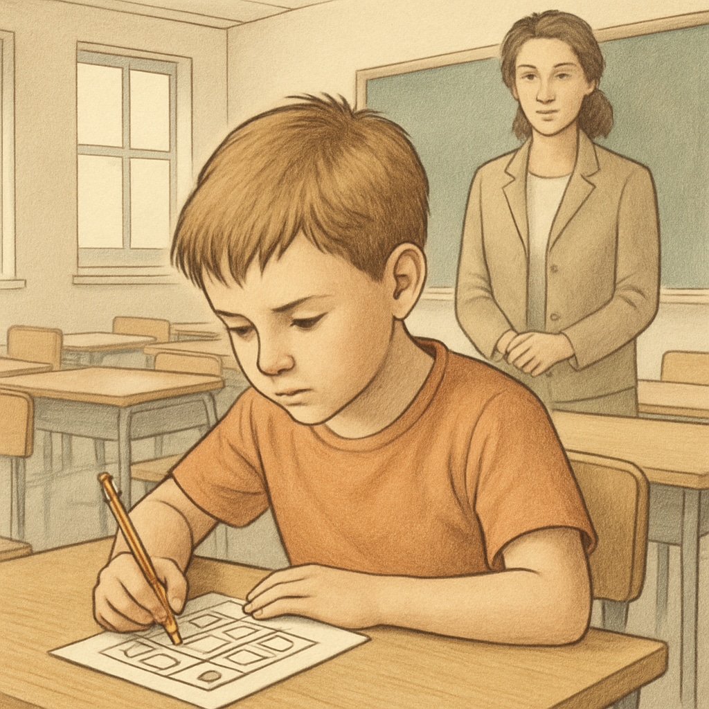 A child working on a cognitive test, a key part of standardized evaluation for gifted children.