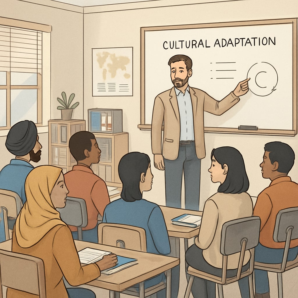 A group of adult immigrants attending a cultural adaptation class in a community center in New York City. Adult immigrants learning about cultural adaptation in a New York City class.