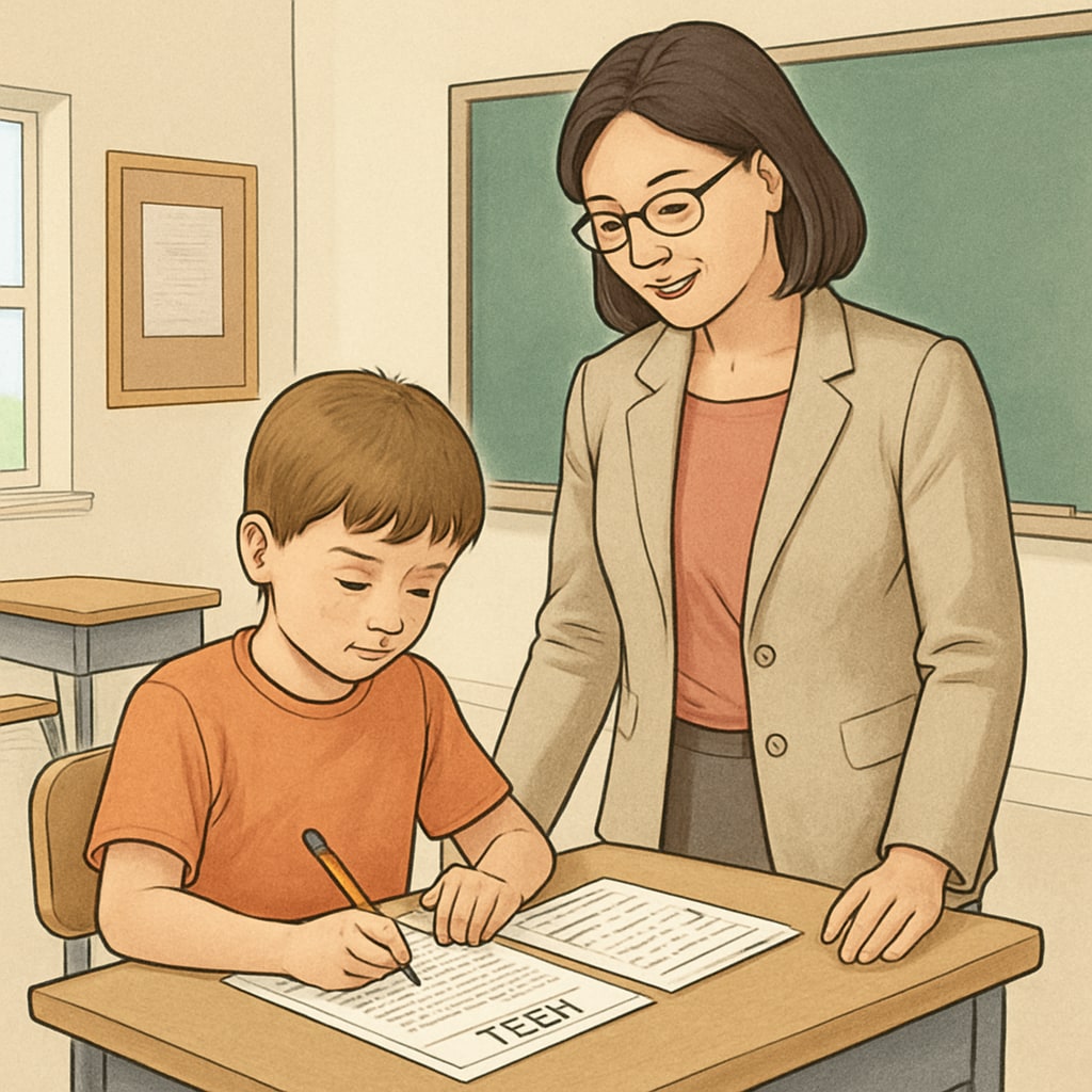 A professional administering a standardized test to a young child in a calm environment. Standardized testing for gifted children in a professional setting