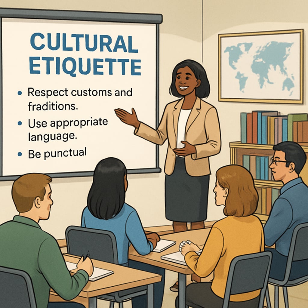 An instructor guiding adult learners through a cultural etiquette lesson in a NYC classroom. A teacher explaining cultural norms to adult students in New York City.