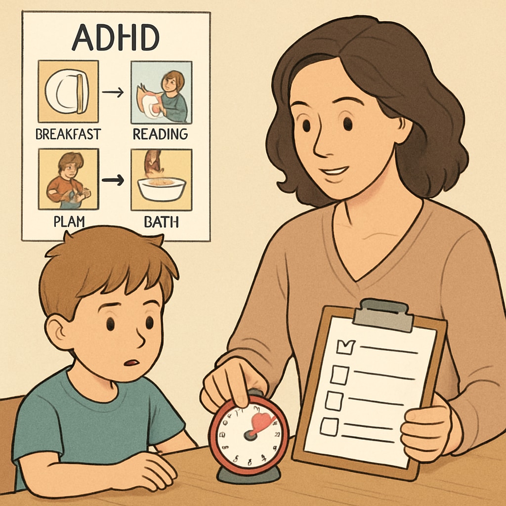 A parent teaching time management skills to a child with ADHD, representing practical strategies shared at TEFOS. Parent teaching time management to ADHD child.