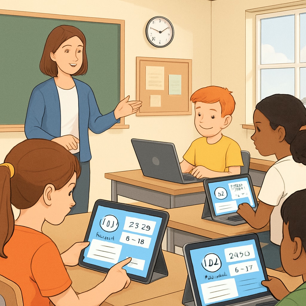 A classroom where students are using tablets and laptops, with AI-powered software guiding their lessons in real-time. AI-powered classroom with students using technology for personalized learning