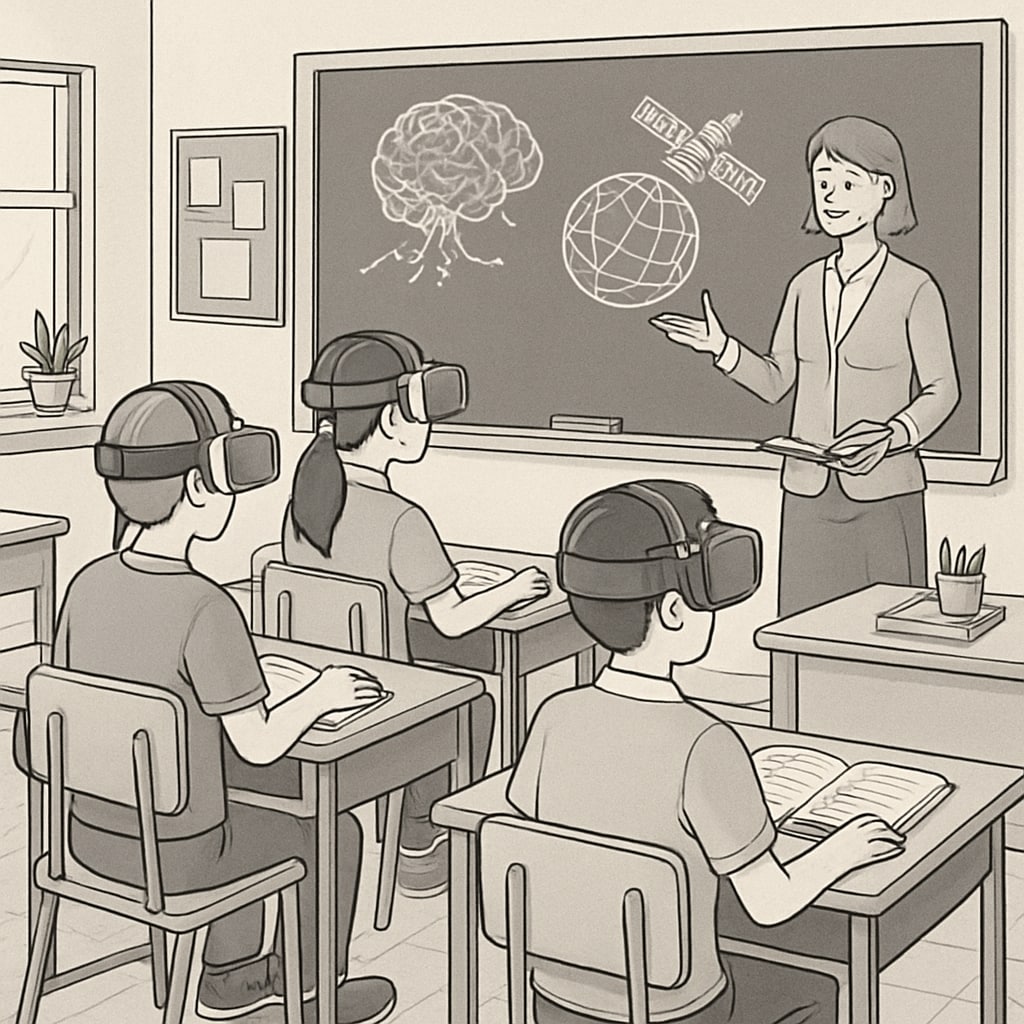 AI-enhanced VR learning with students in a K12 classroom.