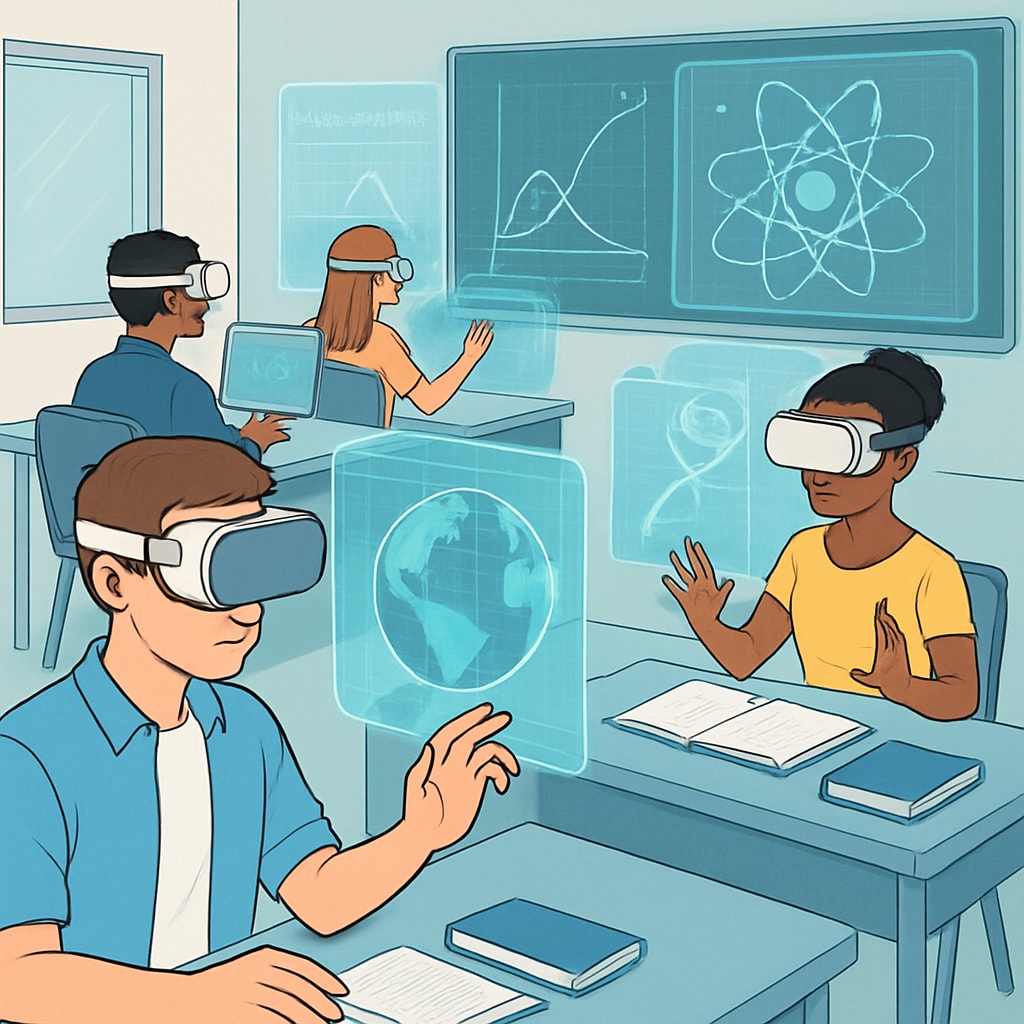 A futuristic classroom featuring virtual reality headsets and holographic educational displays, illustrating the immersive learning experiences powered by AI. Future classroom with VR and AI-driven holographic teaching tools