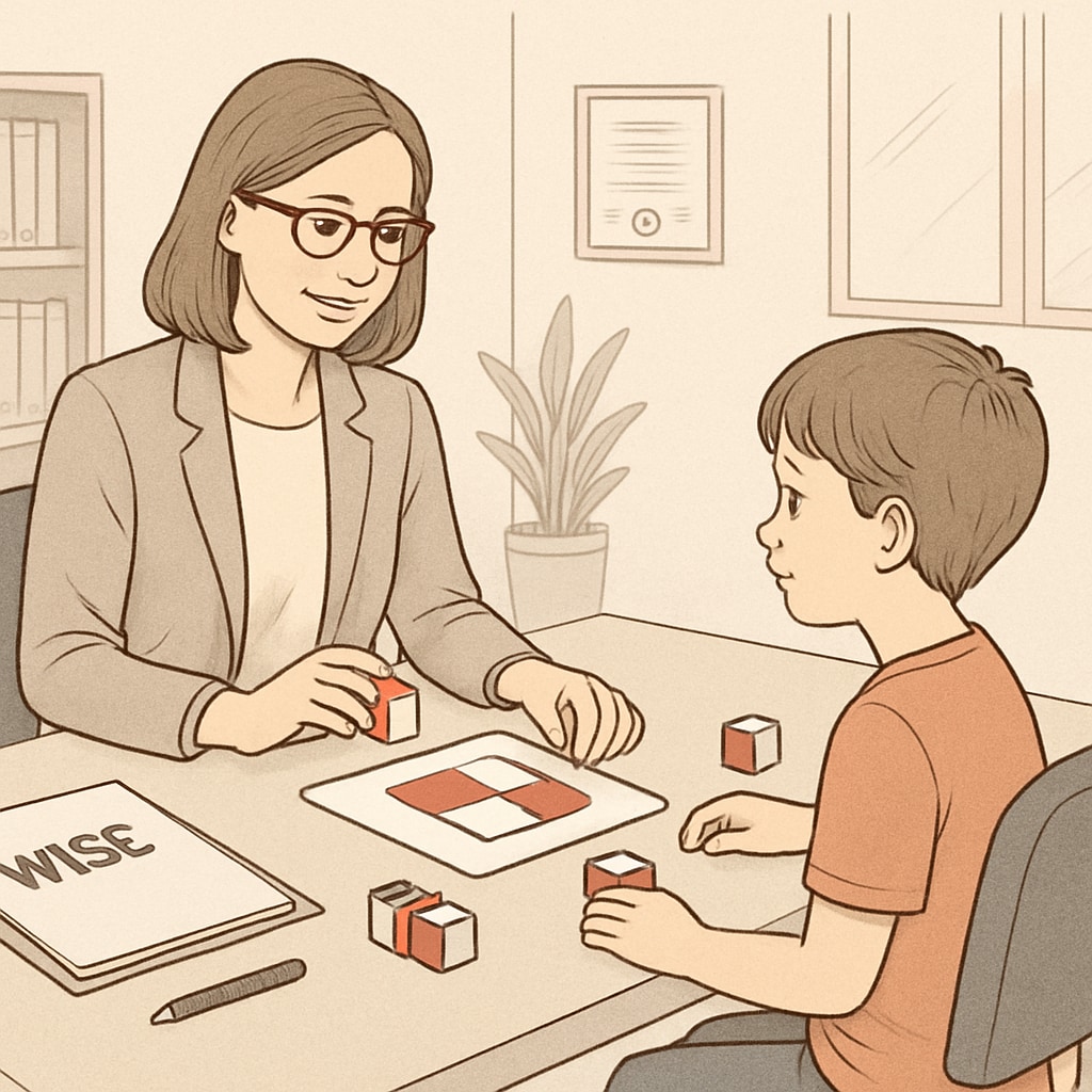 A clinical setting showcasing the WISC intelligence test process for children.
