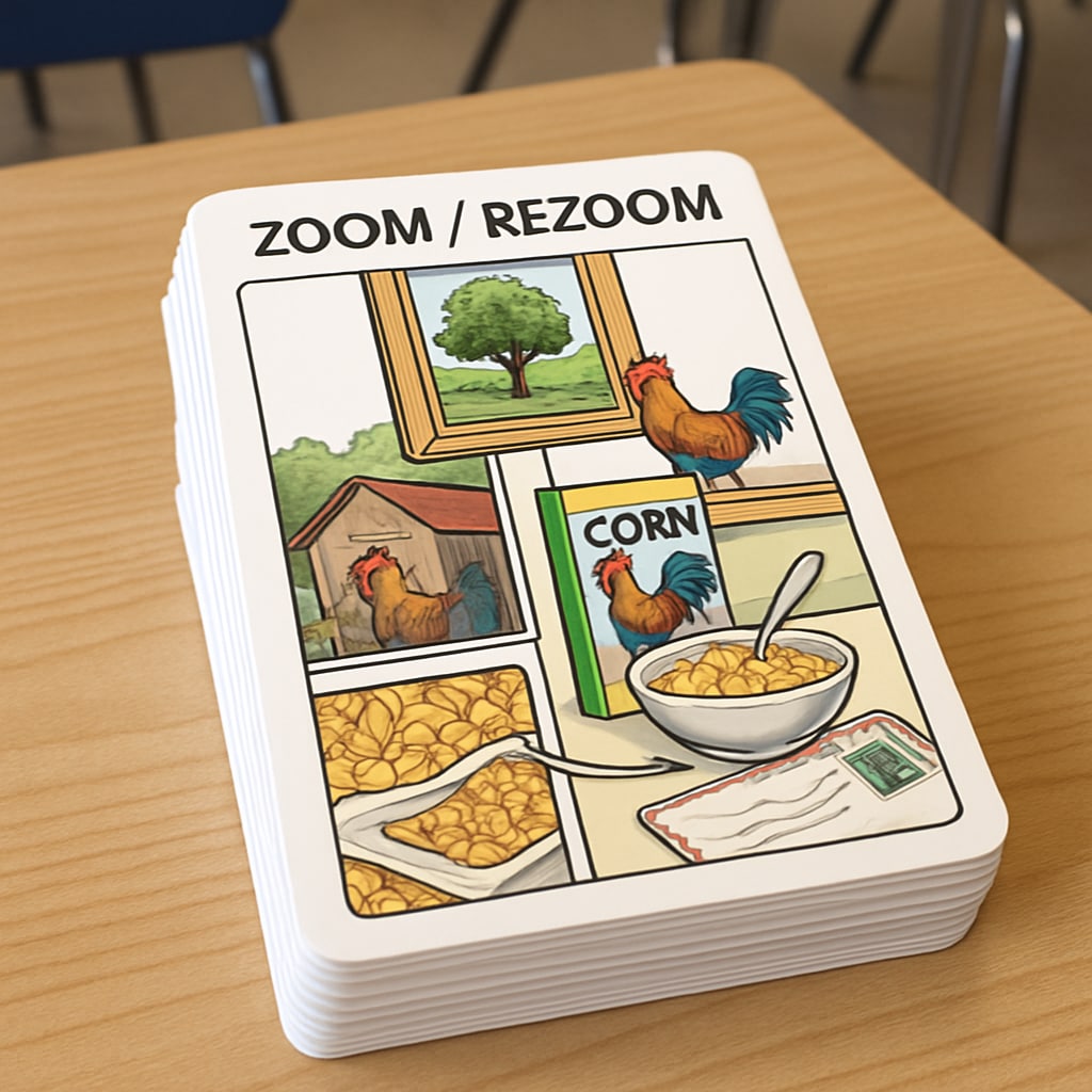 A stack of Zoom/ReZoom activity cards on a classroom table, emphasizing the detailed illustrations and their visual connections. Zoom/ReZoom activity cards illustrating visual storytelling and sequencing.