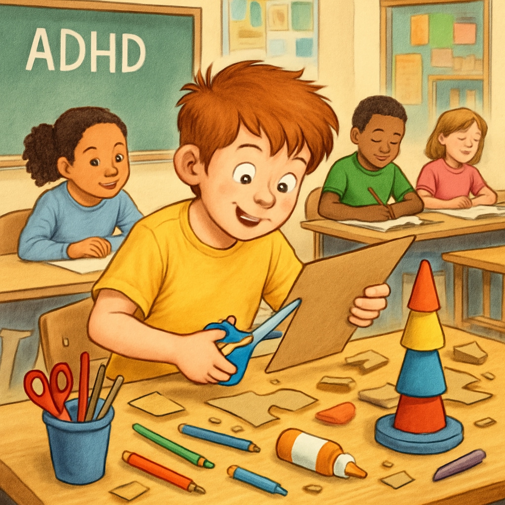 A child with ADHD working on a creative hands-on project in a classroom setting, highlighting their strengths beyond academics. ADHD student engaged in a creative classroom project.