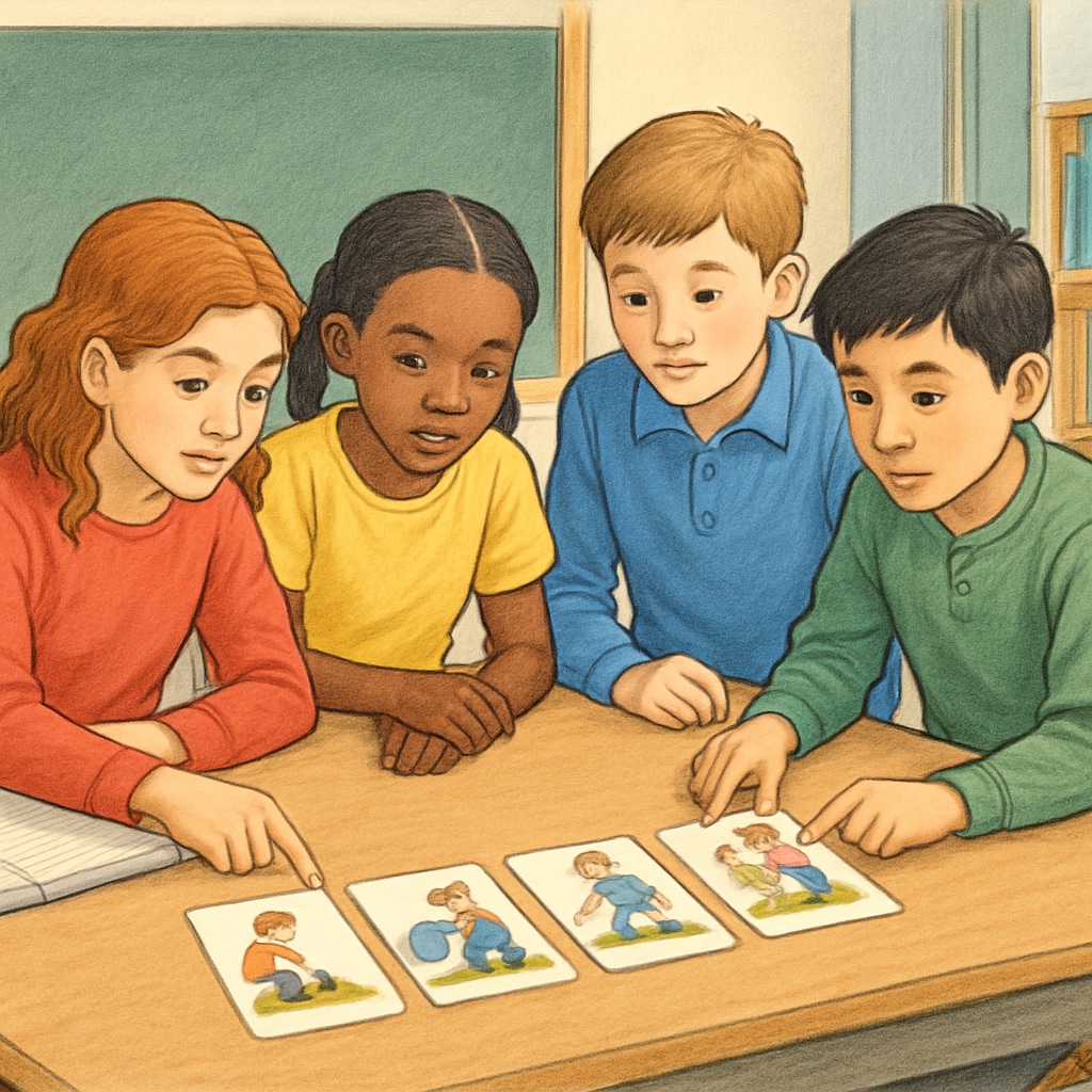 Students collaborating on Zoom/ReZoom sequencing in a classroom, actively discussing and arranging the cards. Students working together on Zoom/ReZoom activity sequencing.