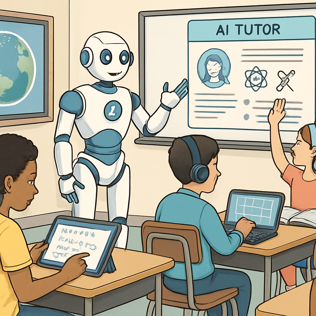 A futuristic classroom with AI-powered tools and diverse students interacting with advanced learning technologies, showcasing global accessibility and personalization. AI-driven classroom with diverse students and advanced educational tools.