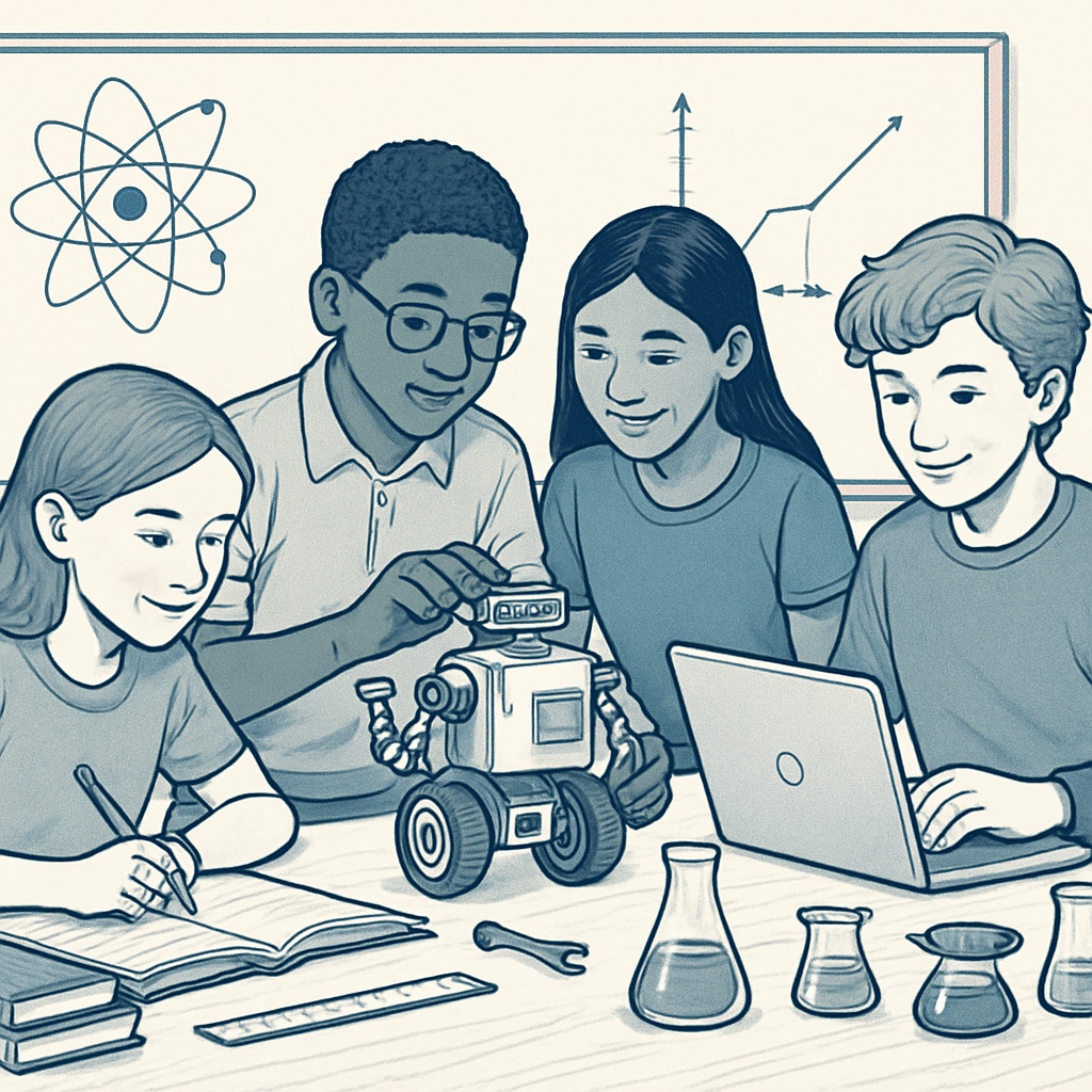 A group of students collaborating on a STEM project, representing inclusivity and diverse learning styles in education. Inclusive student group working on a STEM project.