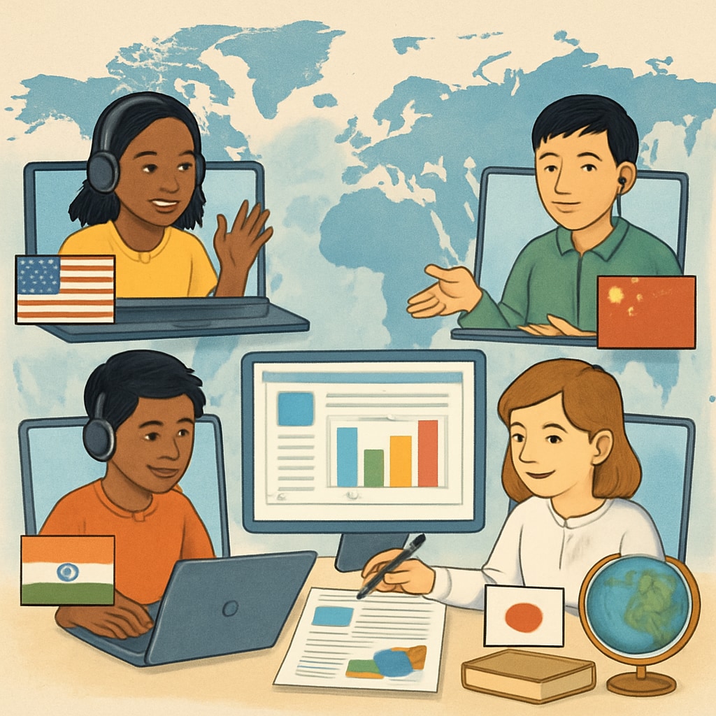 A global virtual classroom with students from different countries engaging in a collaborative project, symbolizing cultural exchange and interconnected learning. Global virtual classroom with international student collaboration.