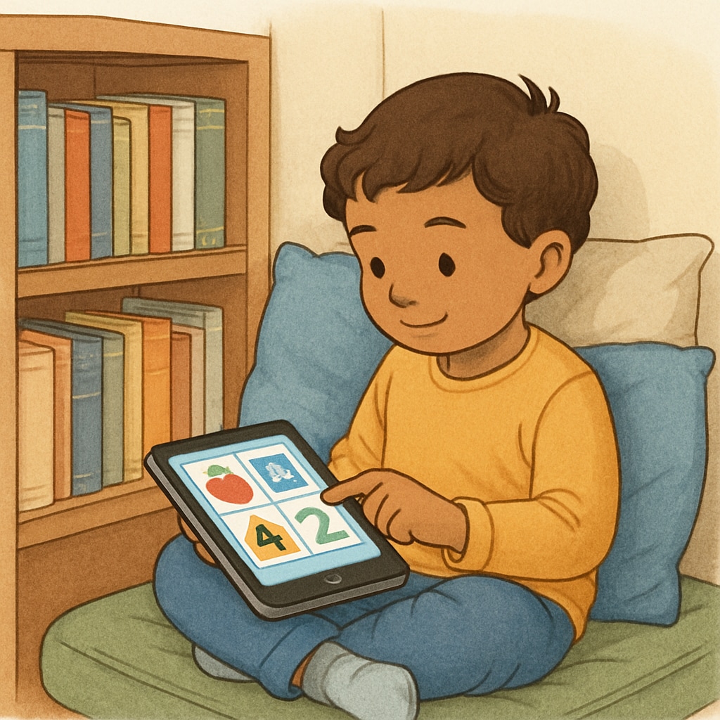 A child sitting in a cozy reading nook, engrossed in a tablet displaying an educational app. A child using a reading app, showcasing digital literacy tools.