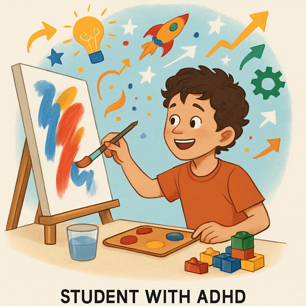 A conceptual illustration showing a student with ADHD excelling in a creative activity, symbolizing their untapped potential. ADHD student excelling in creativity, highlighting potential overlooked by standardized tests.