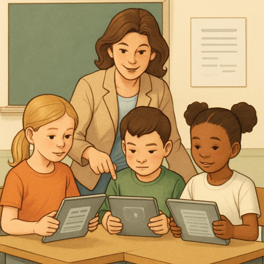 A teacher and a group of children interacting with tablets during a classroom activity focused on digital reading. Children and a teacher exploring a digital reading app in a classroom setting.