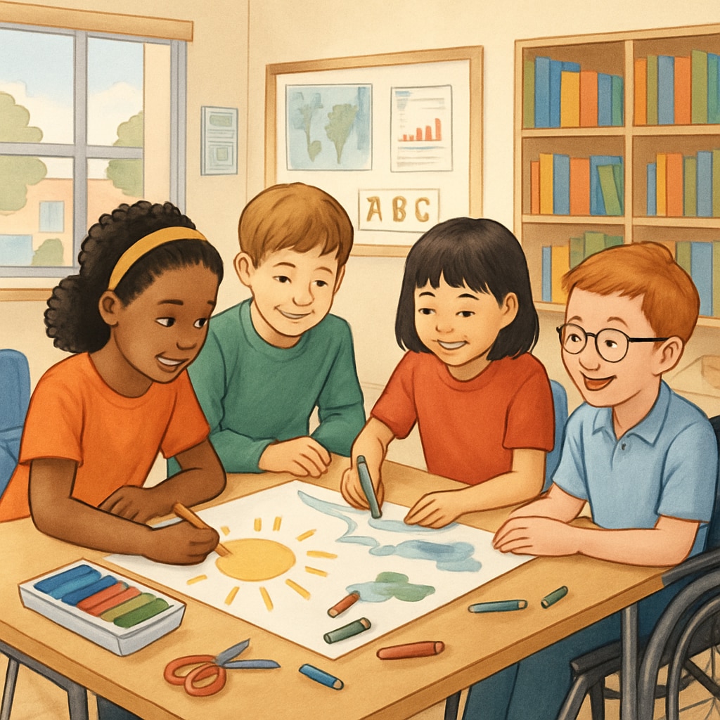 A classroom setting where students of diverse backgrounds and abilities collaborate on a creative project, illustrating inclusivity in education. Inclusive classroom with diverse students collaborating on a creative project.