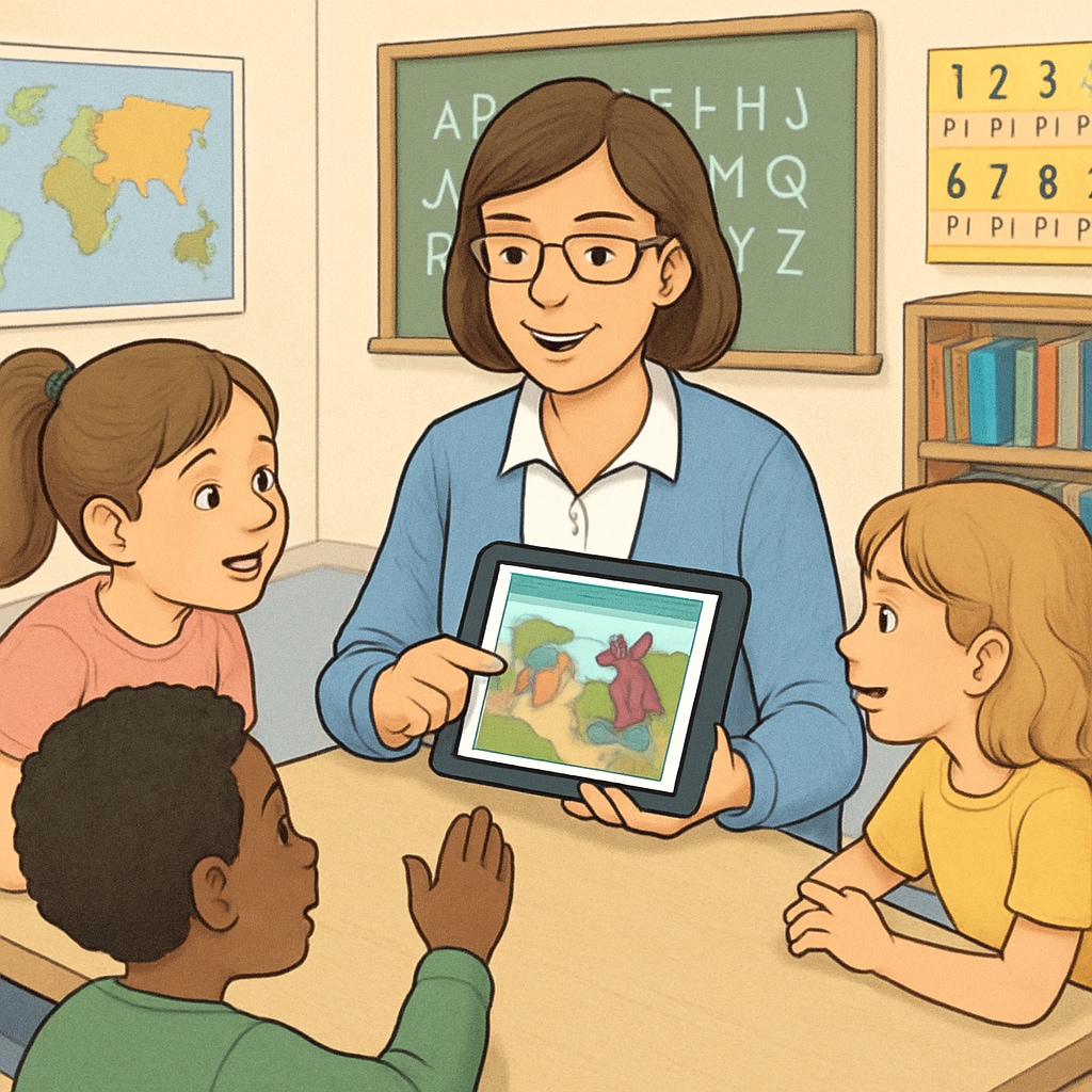 A teacher using the storybook app in a classroom setting, with students actively engaging with the app. Teacher and students using a storybook app in a classroom.