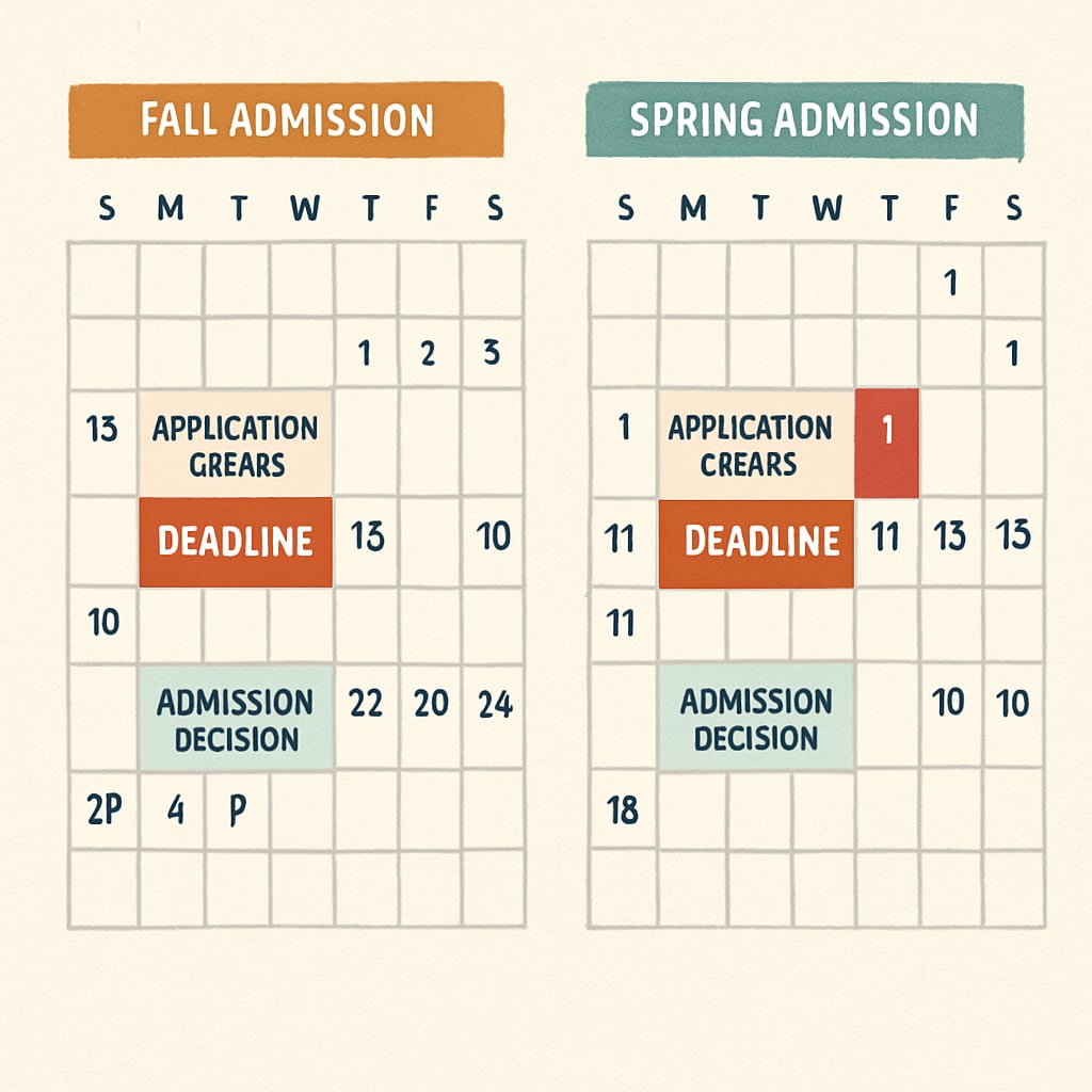 A calendar detailing key dates for applying to U.S. master's programs, showcasing fall and spring admission cycles. Application calendar for U.S. master's programs highlighting fall and spring dates.