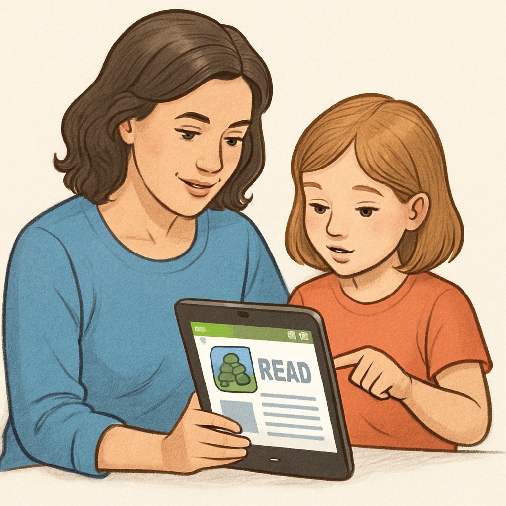 A mother and child using an Android tablet for reading, reflecting engagement in a children's reading app. A mother and child reading together on an Android tablet, showcasing interaction with a children's reading app.