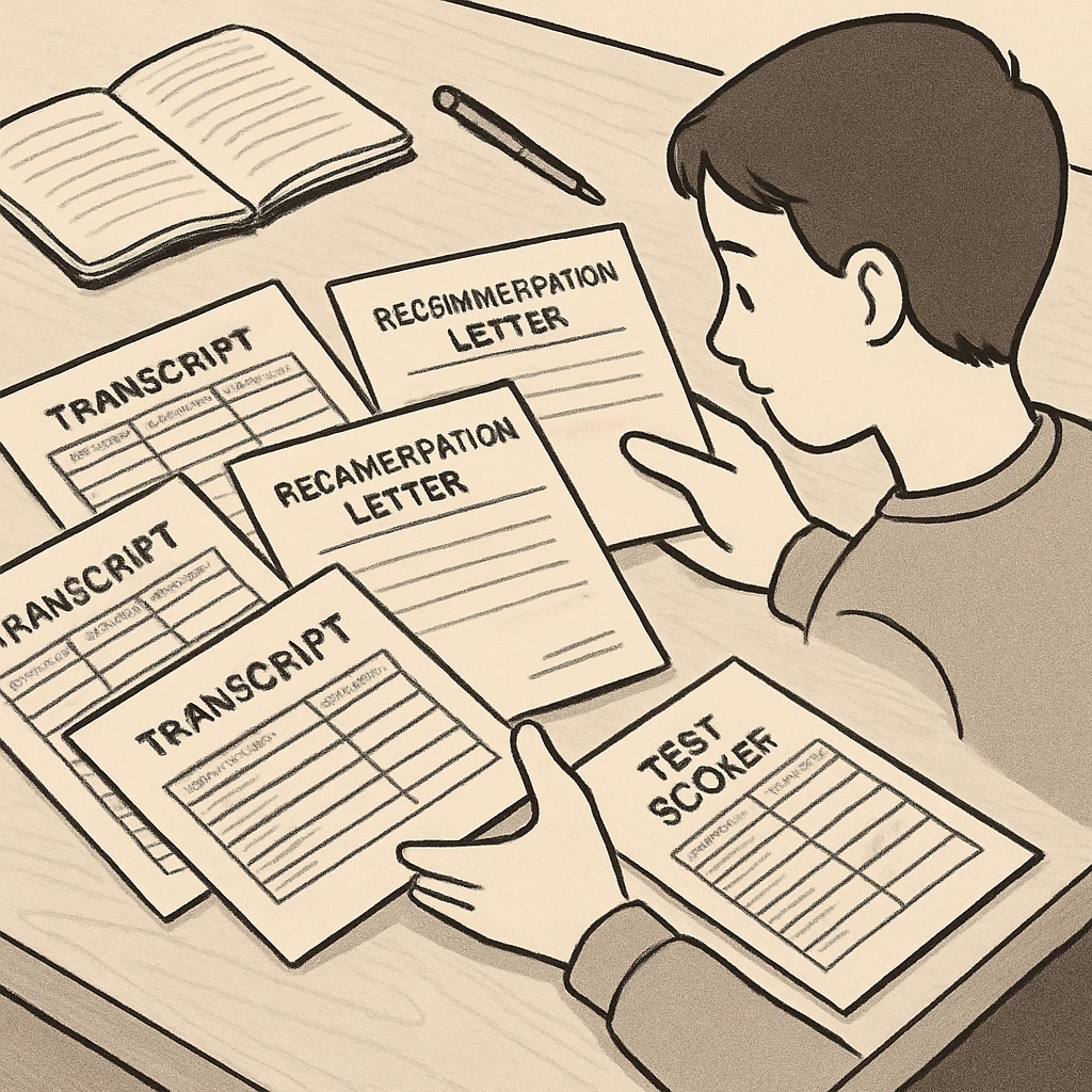A student organizing application materials such as transcripts, recommendation letters, and standardized test scores on a desk. Student preparing U.S. master's application materials including transcripts and recommendation letters.