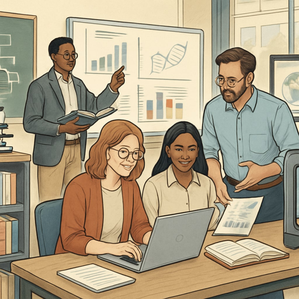 A classroom setting showing a diverse group of educators working collaboratively on research projects, highlighting advanced learning environments in American universities. Diverse educators working on collaborative projects in an advanced classroom environment.
