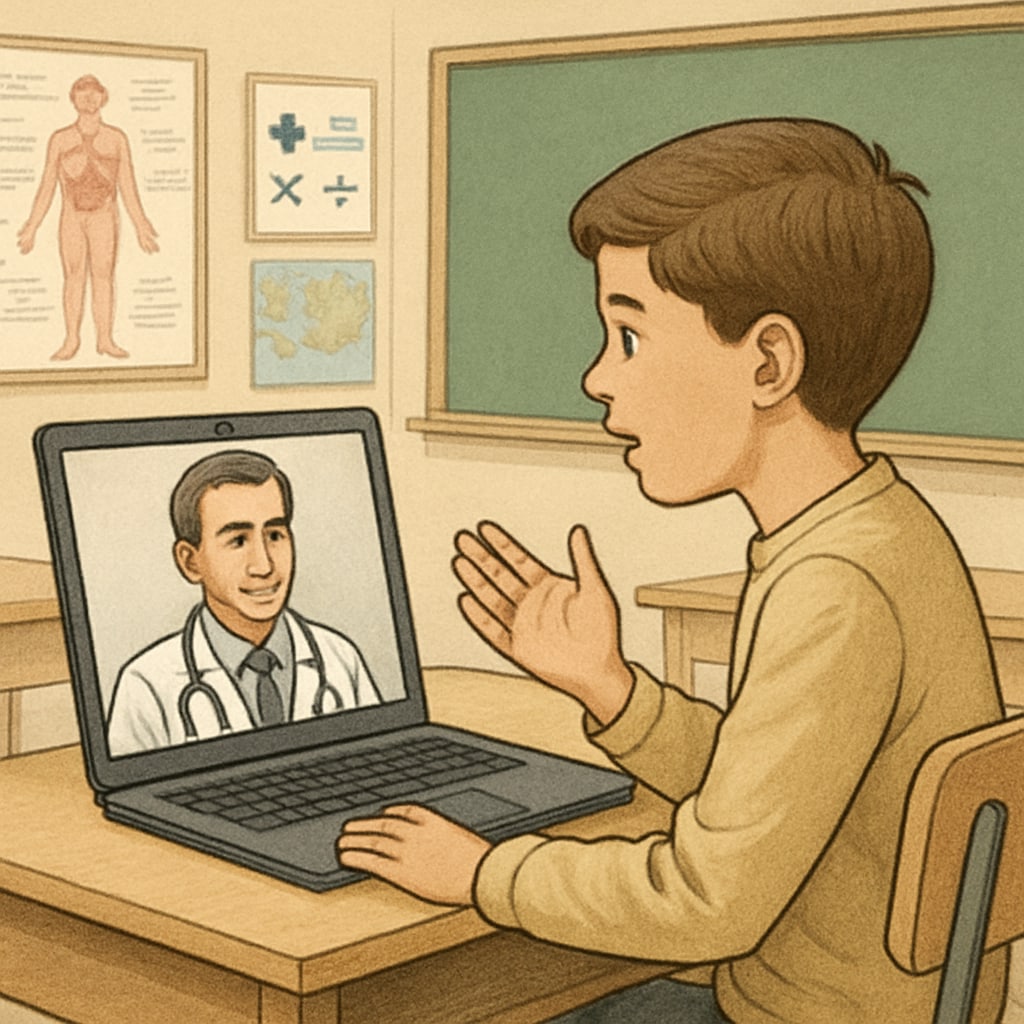 A middle school student asking a doctor questions via video call in a classroom setting. A student exploring medical careers by engaging with a doctor via video call.