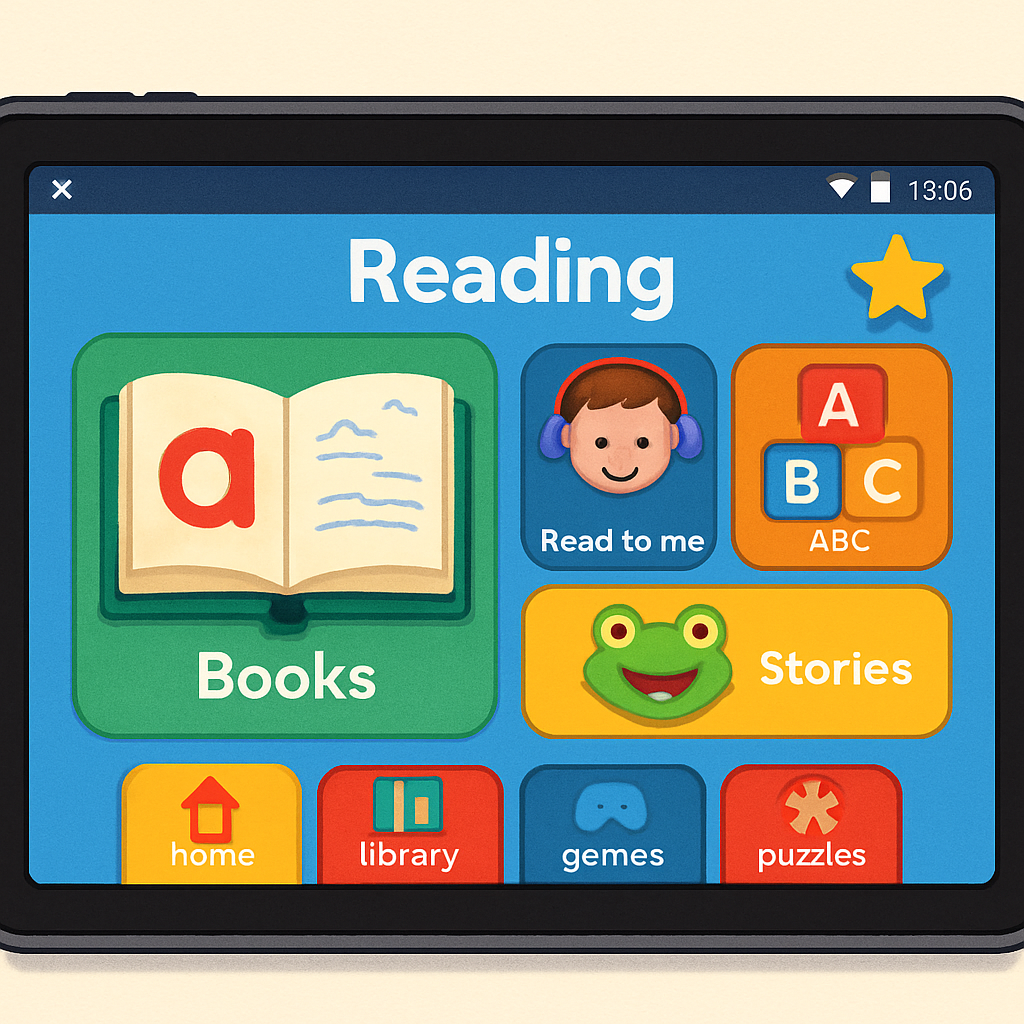 A close-up of an Android tablet displaying a colorful and interactive children's reading app interface. A vibrant children's reading app interface on an Android tablet, highlighting its features.