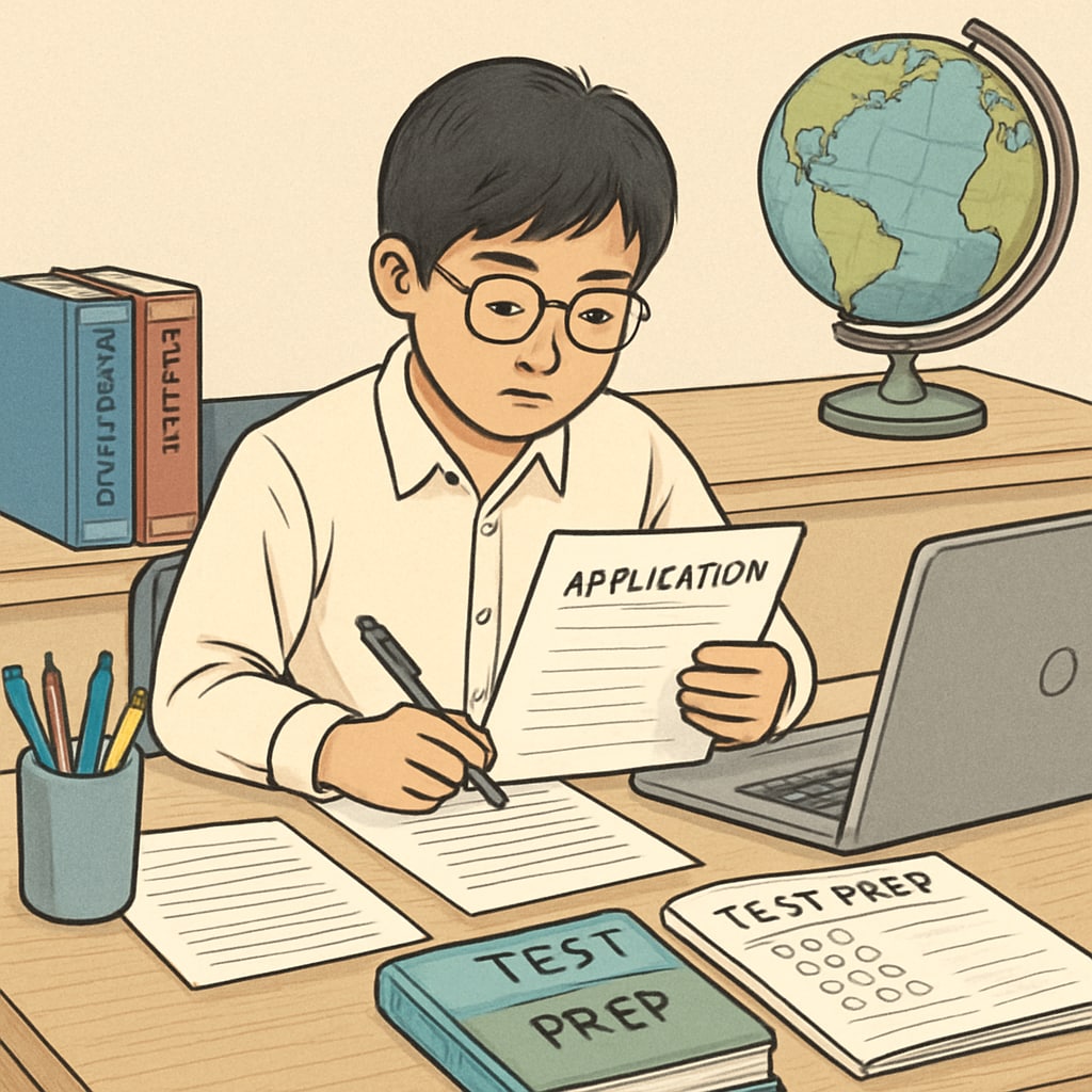 An international student reviewing application documents and test preparation materials, representing the rigorous admissions process. International student reviewing documents and preparing for American university applications.