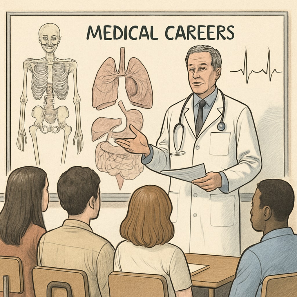 A group of students attentively listening to a doctor giving a presentation about medical careers. Students learning about medical career options during a school project presentation.
