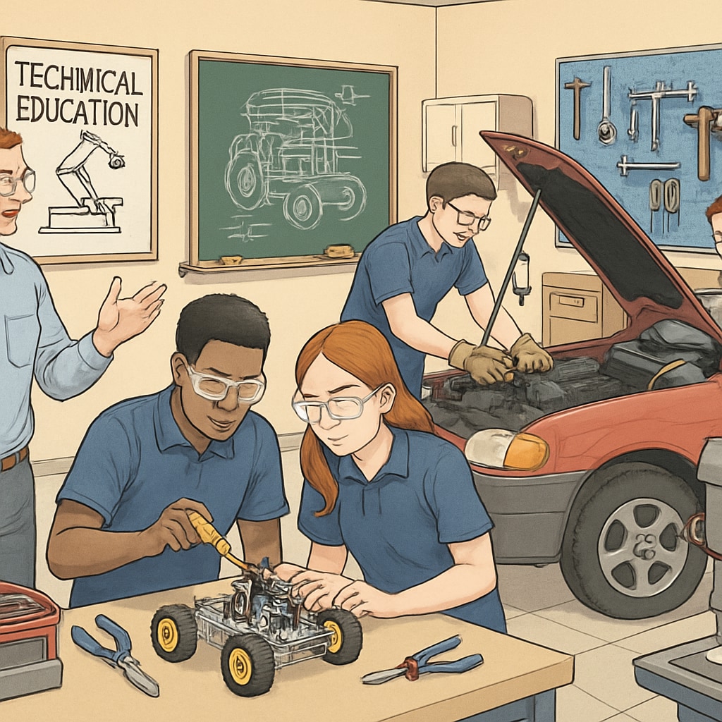 A high school classroom where students are engaged in hands-on technical training, such as robotics or automotive repair. High school students participating in Career Technical Education programs.
