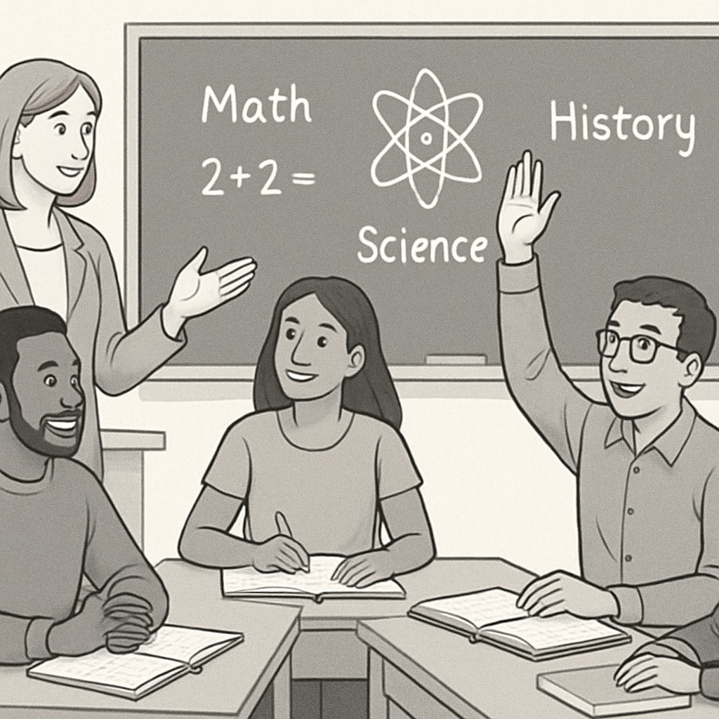 Diverse adult students discussing foundational academic topics in a classroom setting