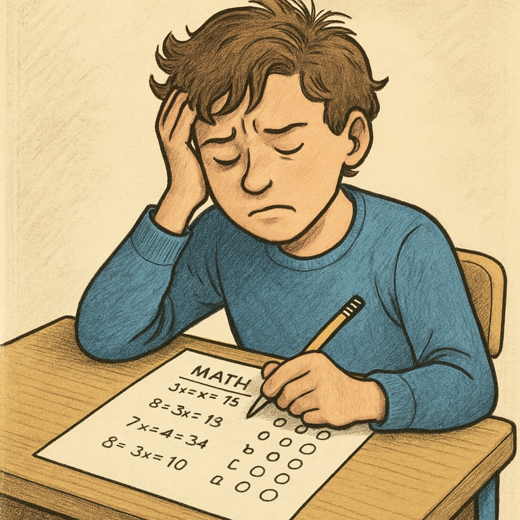 A student sitting at a desk, appearing stressed, while taking a math test with visible multiple-choice answer bubbles. Stressed student during a math multiple-choice exam.