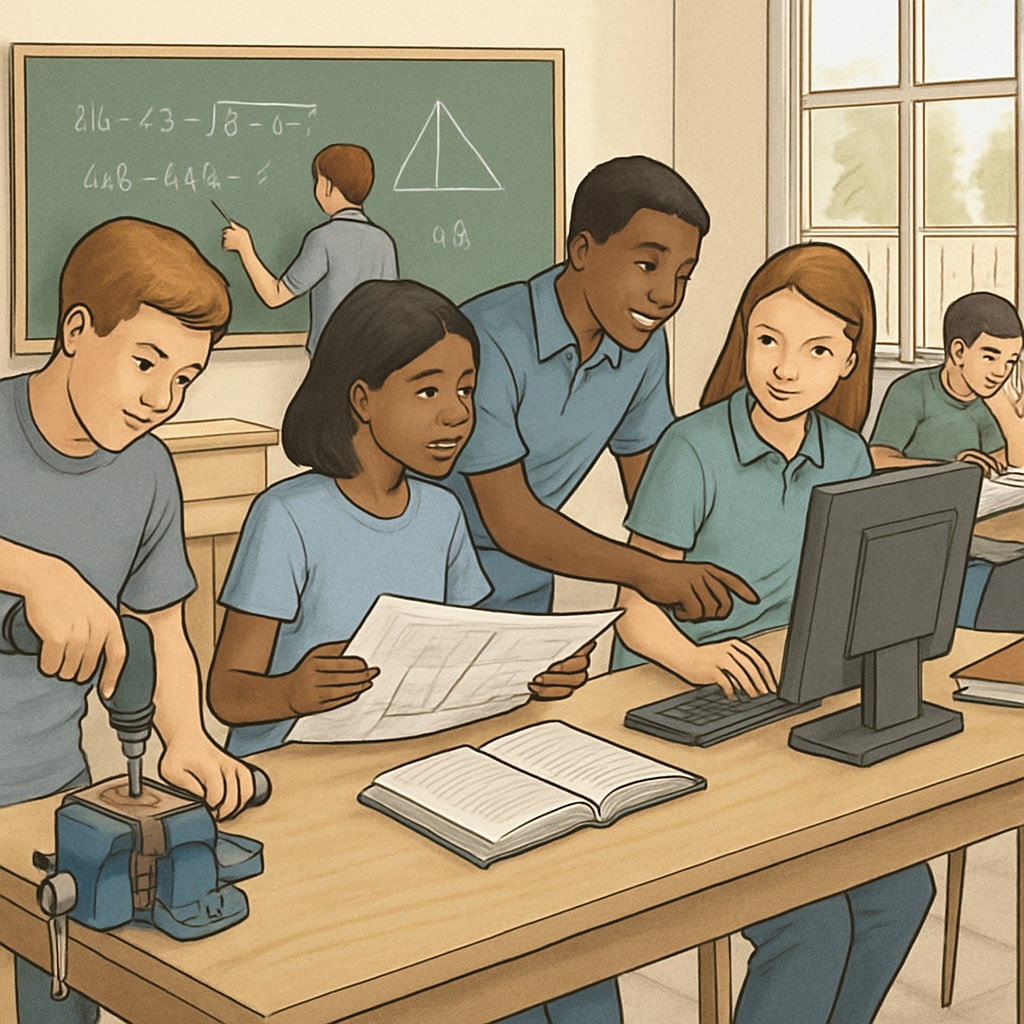 A classroom setting showcasing students engaged in both technical and academic activities, representing the balance between CTE and traditional education. Students learning technical and academic subjects in a balanced classroom environment.