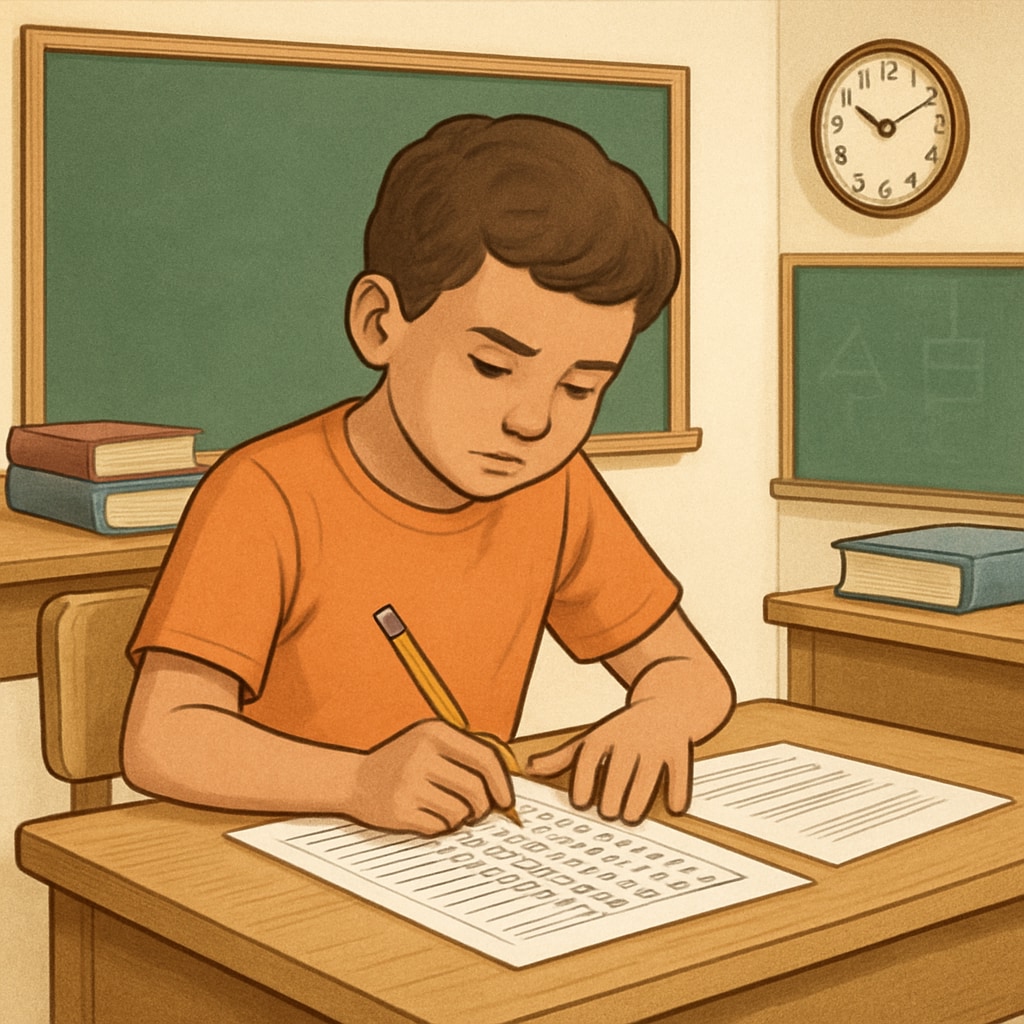 A child taking a standardized test, symbolizing structured evaluation methods in education. Gifted children, intelligence tests, evaluation methods symbolized by a standardized test.