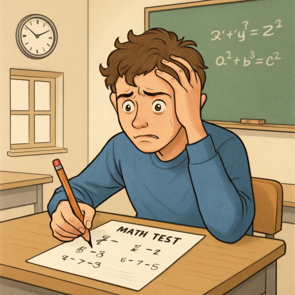 An image of a student looking overwhelmed while holding a pencil during a math exam. A stressed student experiencing math anxiety during an exam.