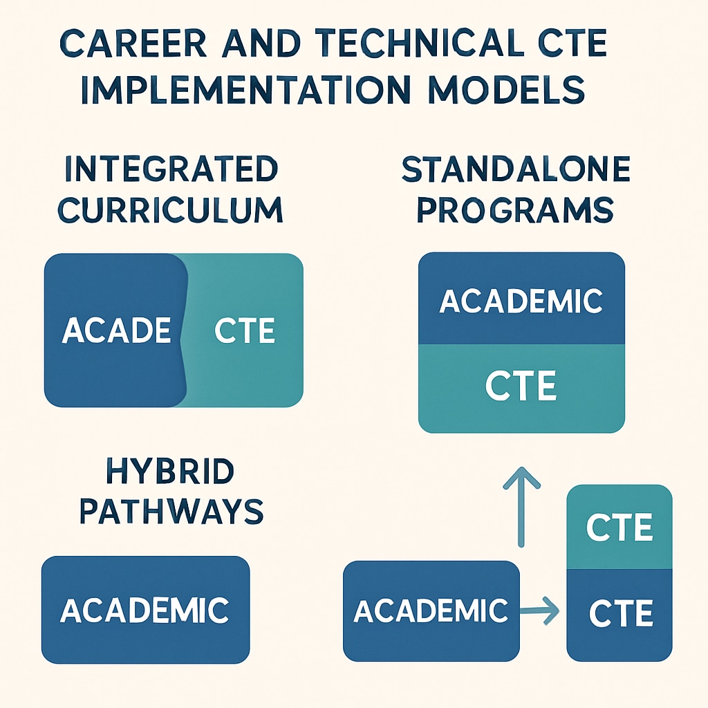 A graphic illustrating different CTE implementation models, such as integrated curriculum, standalone programs, and hybrid pathways. Visual representation of CTE implementation models in school districts.