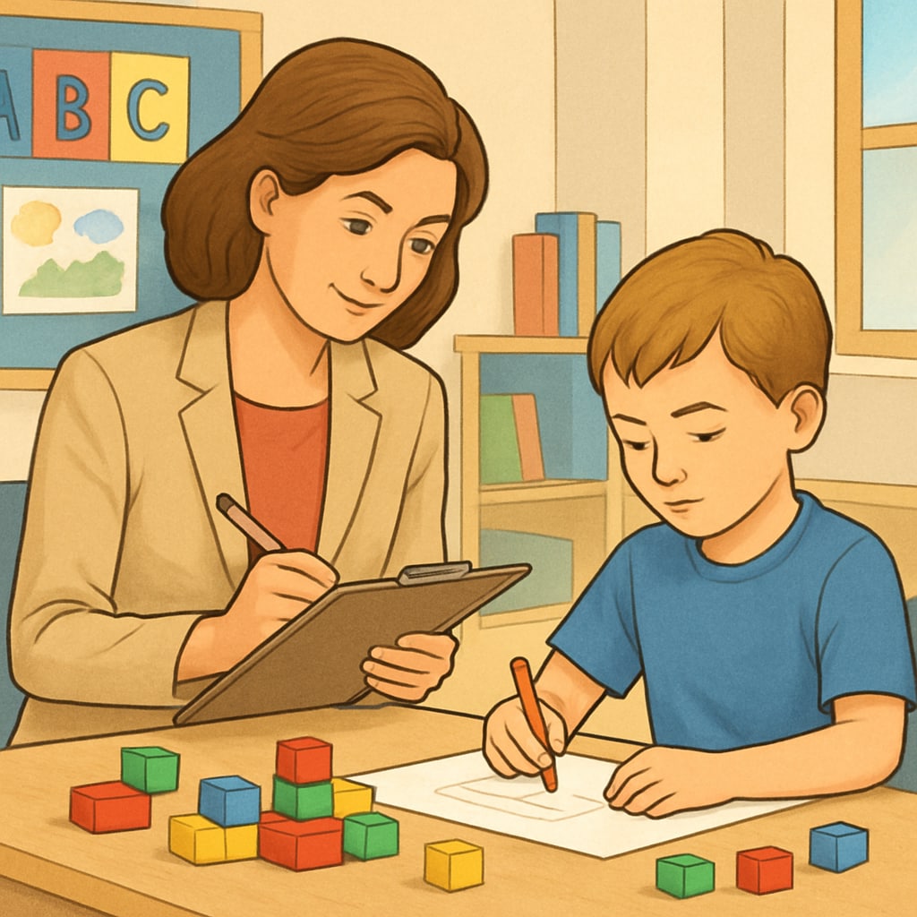 A teacher observing a child during a creative activity, highlighting performance-based assessment. Observational methods for evaluating gifted children during creative activities.