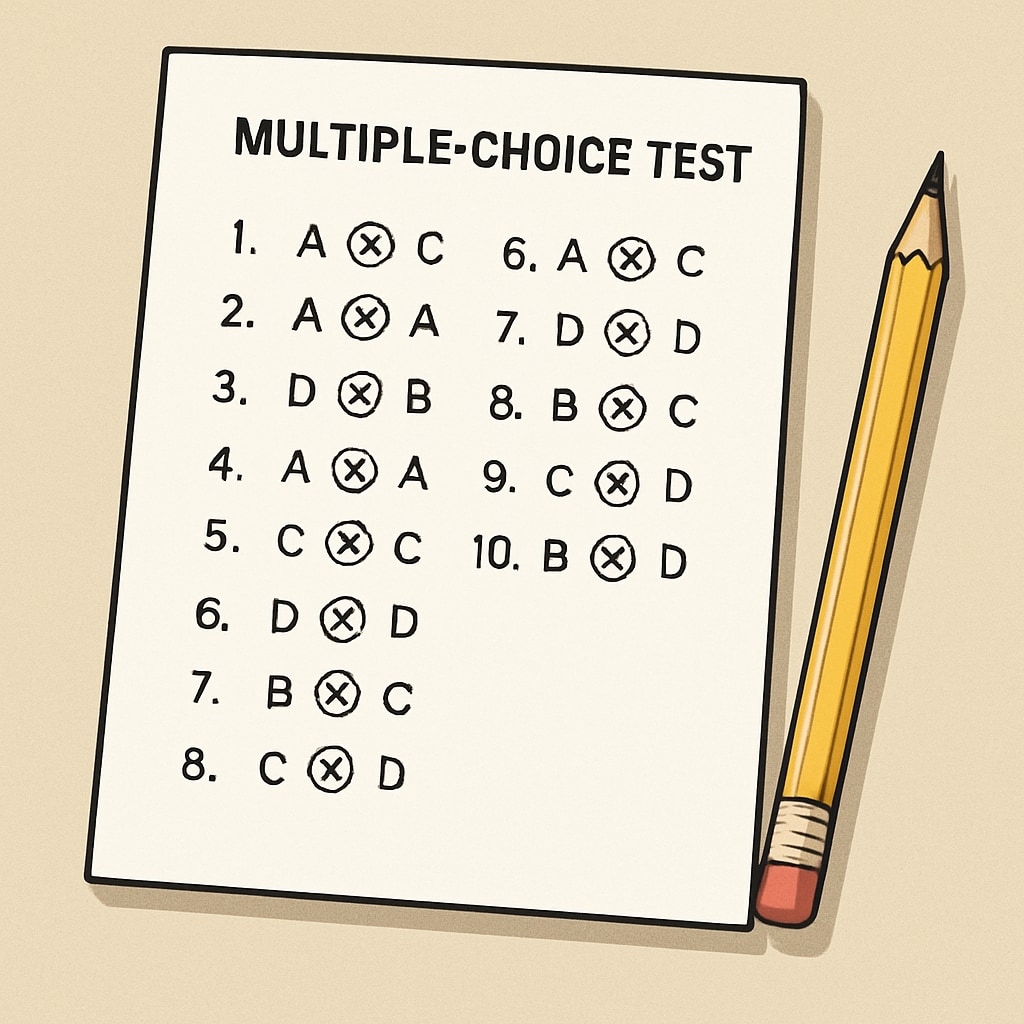 A conceptual image of a multiple-choice test paper with a pencil. A multiple-choice test paper representing exam stress.