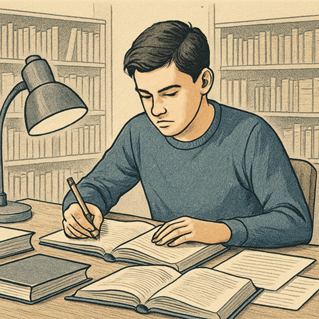 A student studying in a library with books and notes spread out, symbolizing determination to catch up on high school credits. High school student working hard to recover credits in a library setting.