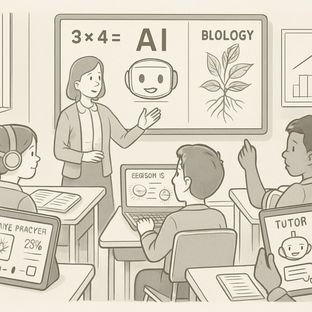 A futuristic classroom where students interact with AI-powered devices and tools, demonstrating personalized learning features. AI-powered classroom showcasing personalized learning in 2030.