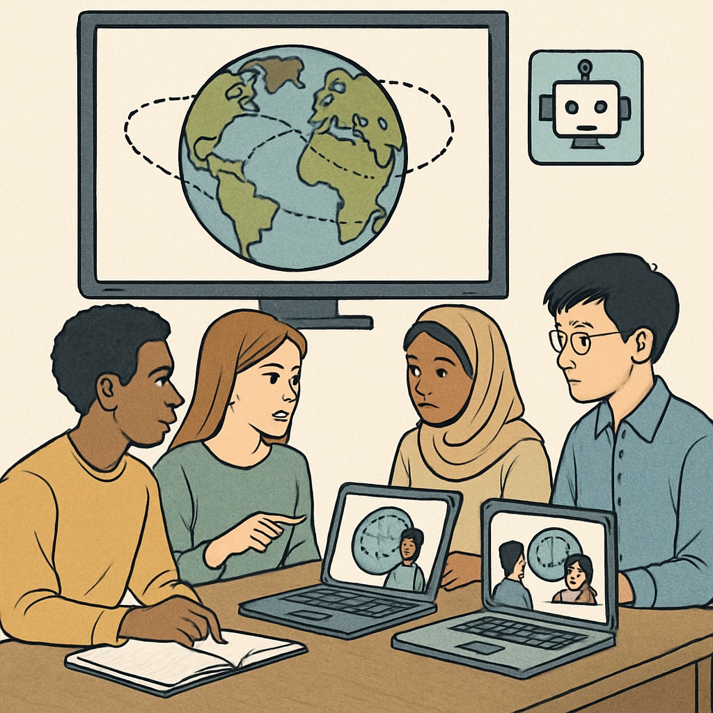 A diverse group of students engaging in a global virtual classroom powered by AI technology, highlighting global resource sharing. Virtual classroom powered by AI, enabling global education access.