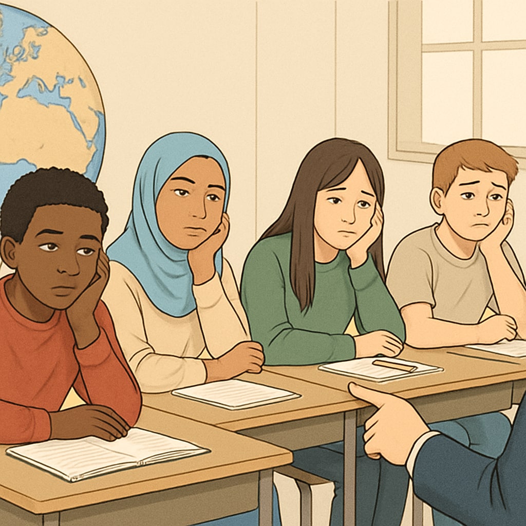 A global classroom setting showing diverse students appearing disengaged during lessons. Students experiencing boredom in a global classroom setting, emphasizing disengagement.